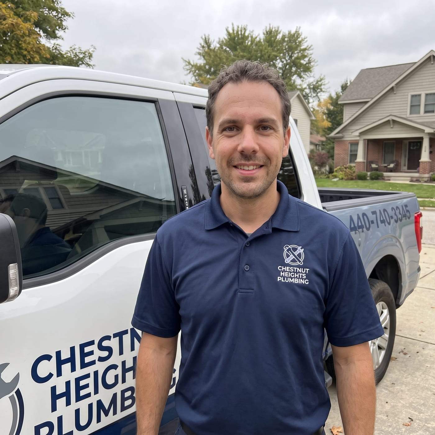 Clay Parrish, manager of Chestnut Heights Plumbing, smiling in a navy company polo shirt in front of the company truck on a residential street